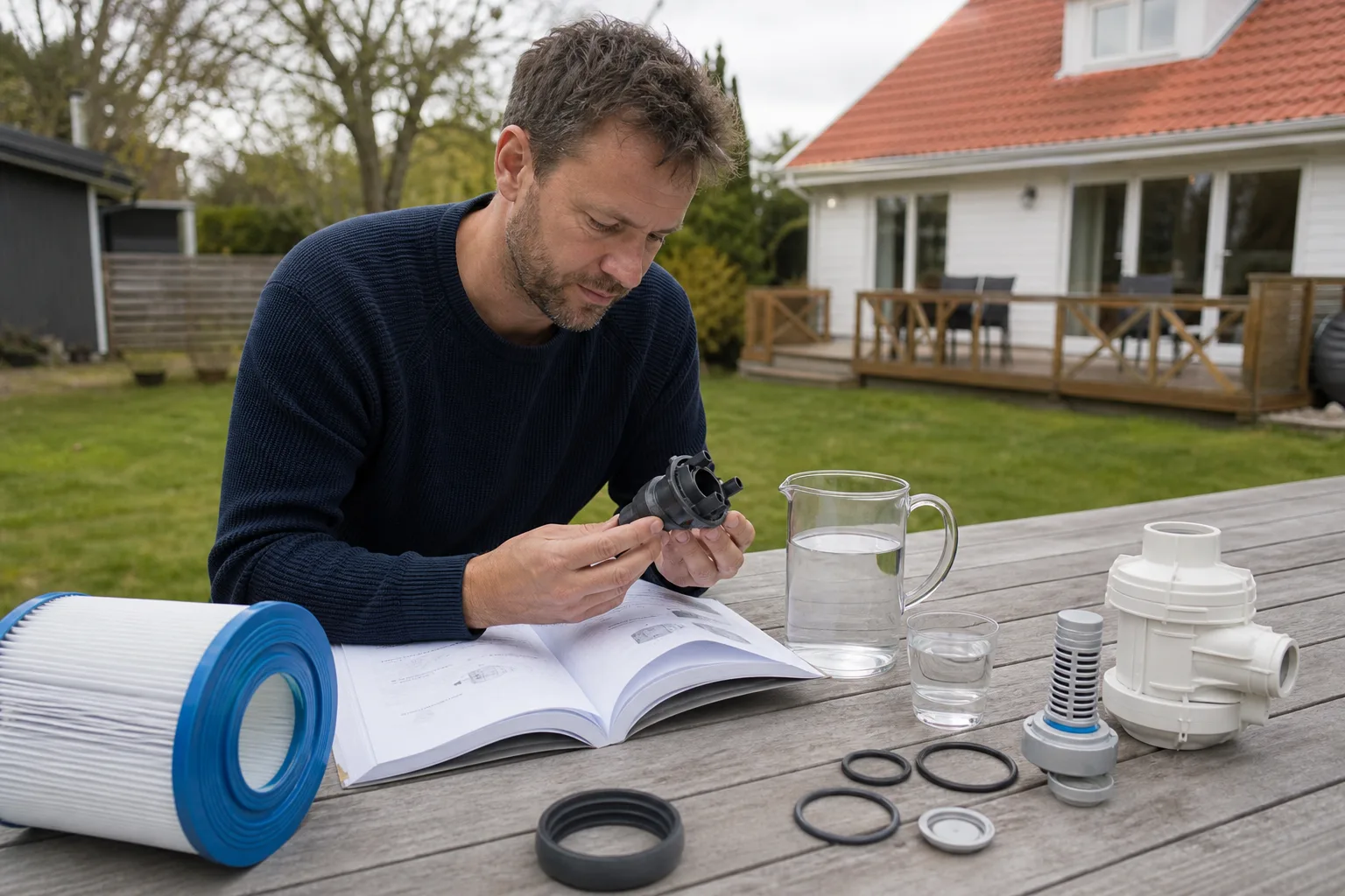 Översiktsbild av pooltermer vid vattenutrustning och teknikdel i lugn trädgårdshörna