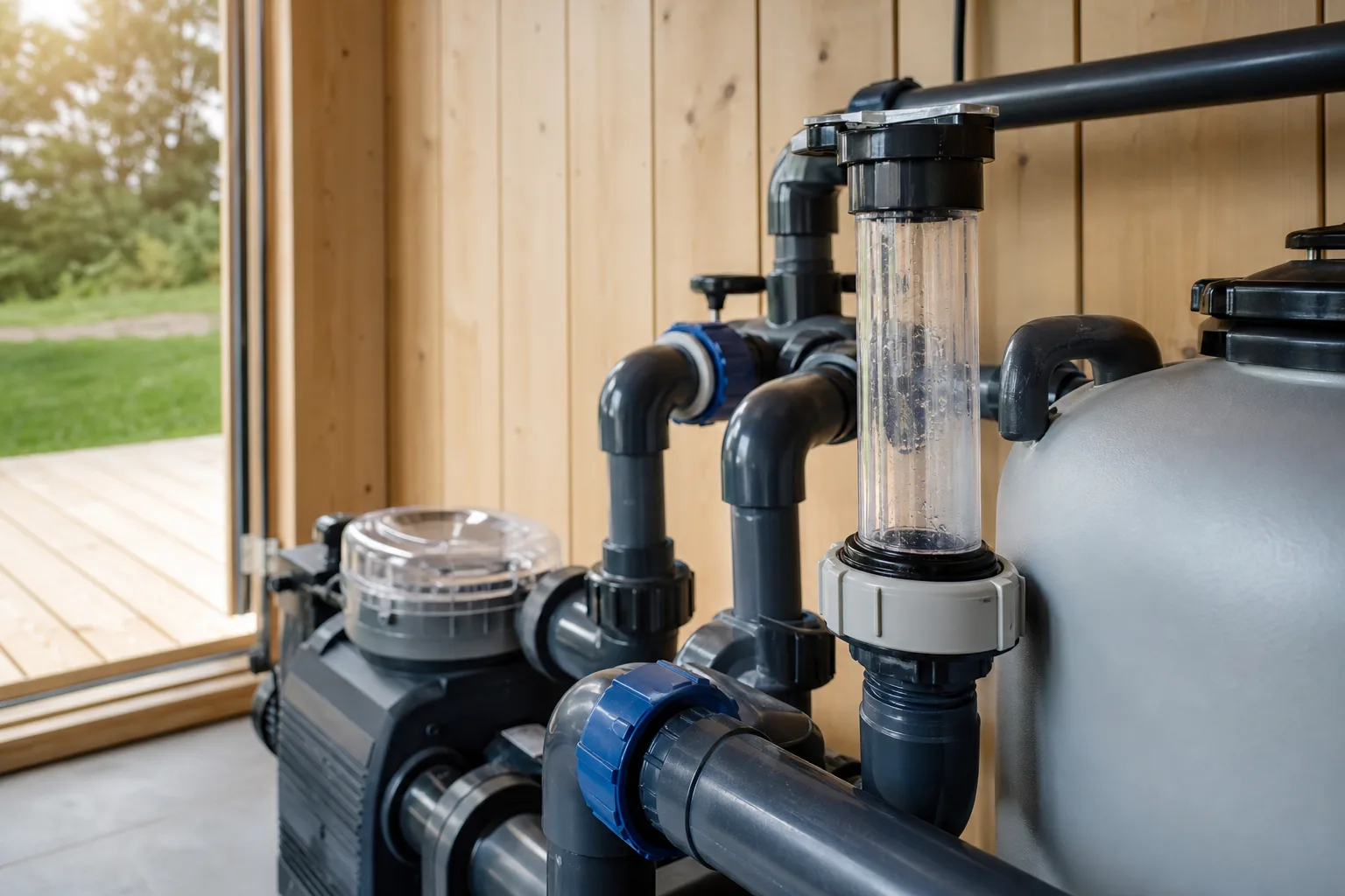 Rörledningar med tidslinje för cirkulation runt poolens pump och filter i teknikhörna