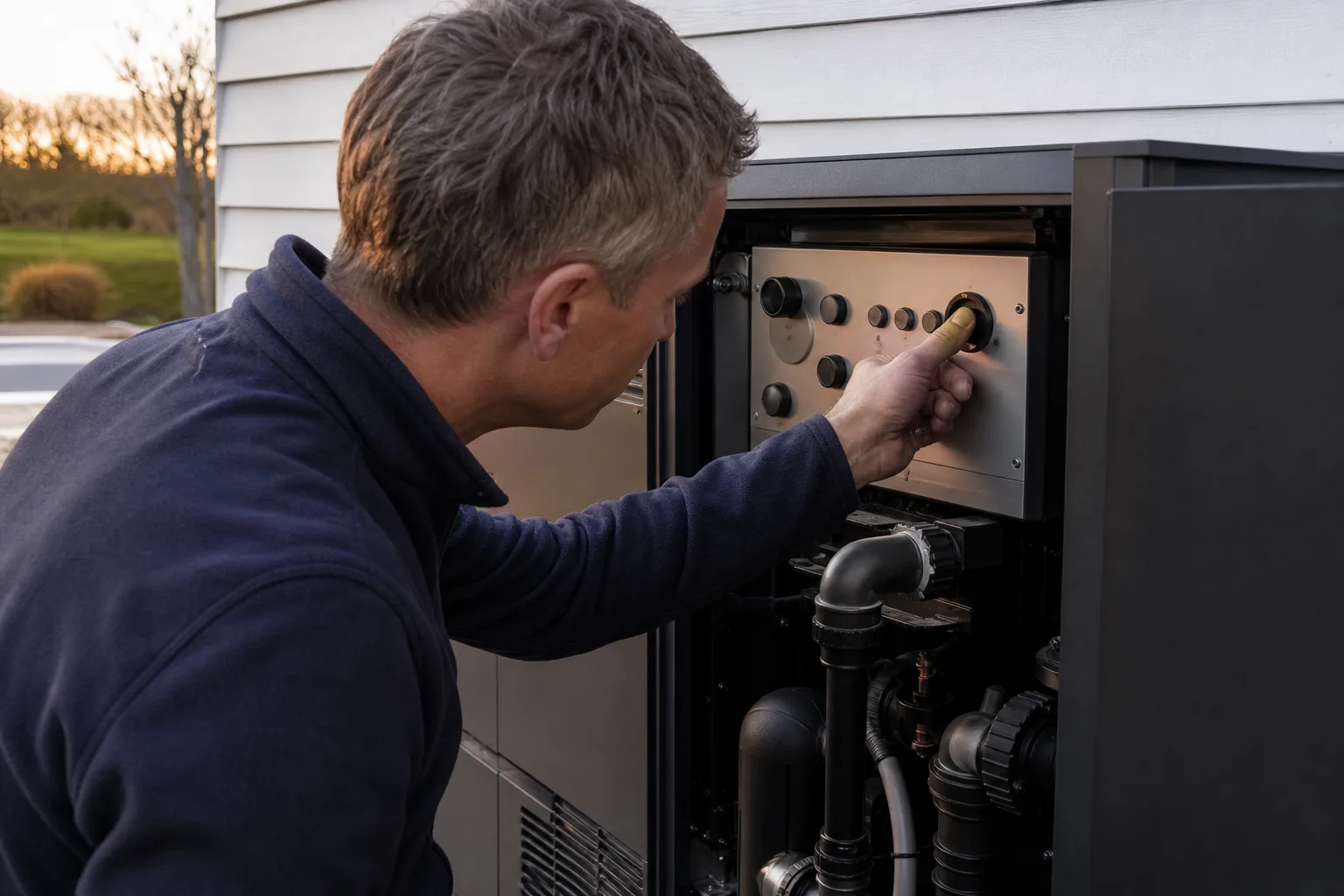 Pumpdisplay med COP-markering och ledningar i närbild vid poolvärmesystem