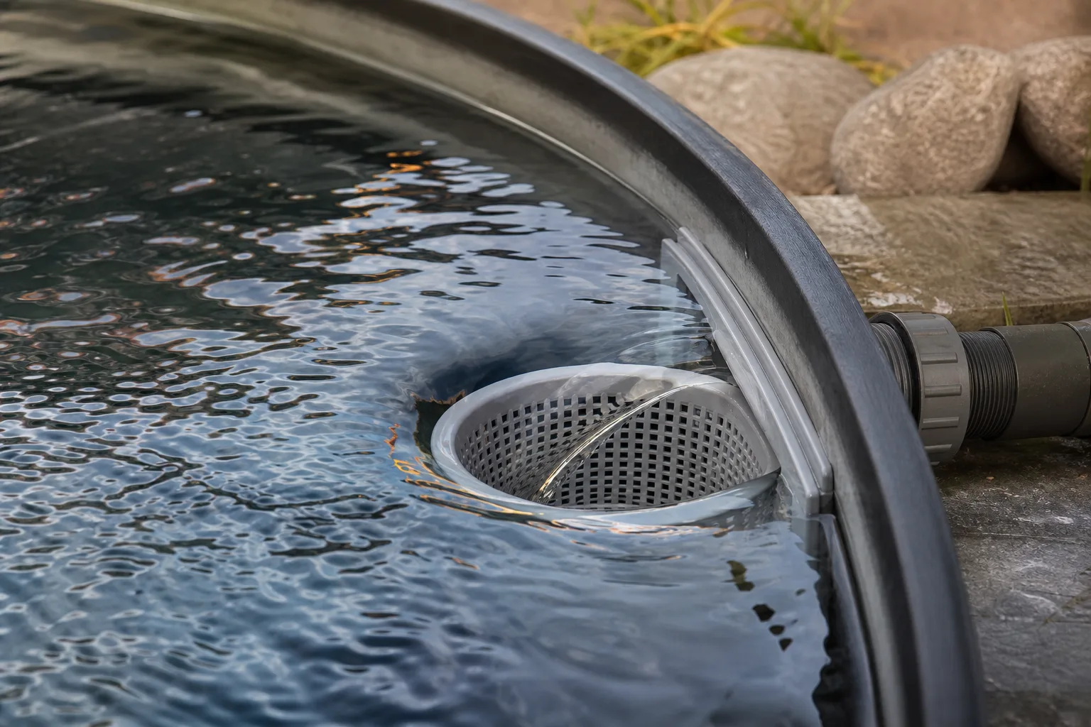 Skimmeröppning med korg i närbild som förklarar ytfunktion i poolsystemet