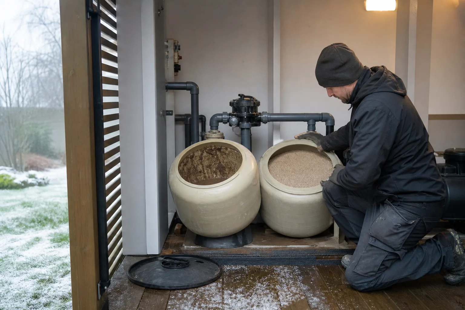 Filtersand byts med tom behållare och nytt medium i servicebänk vid poolens teknikrum