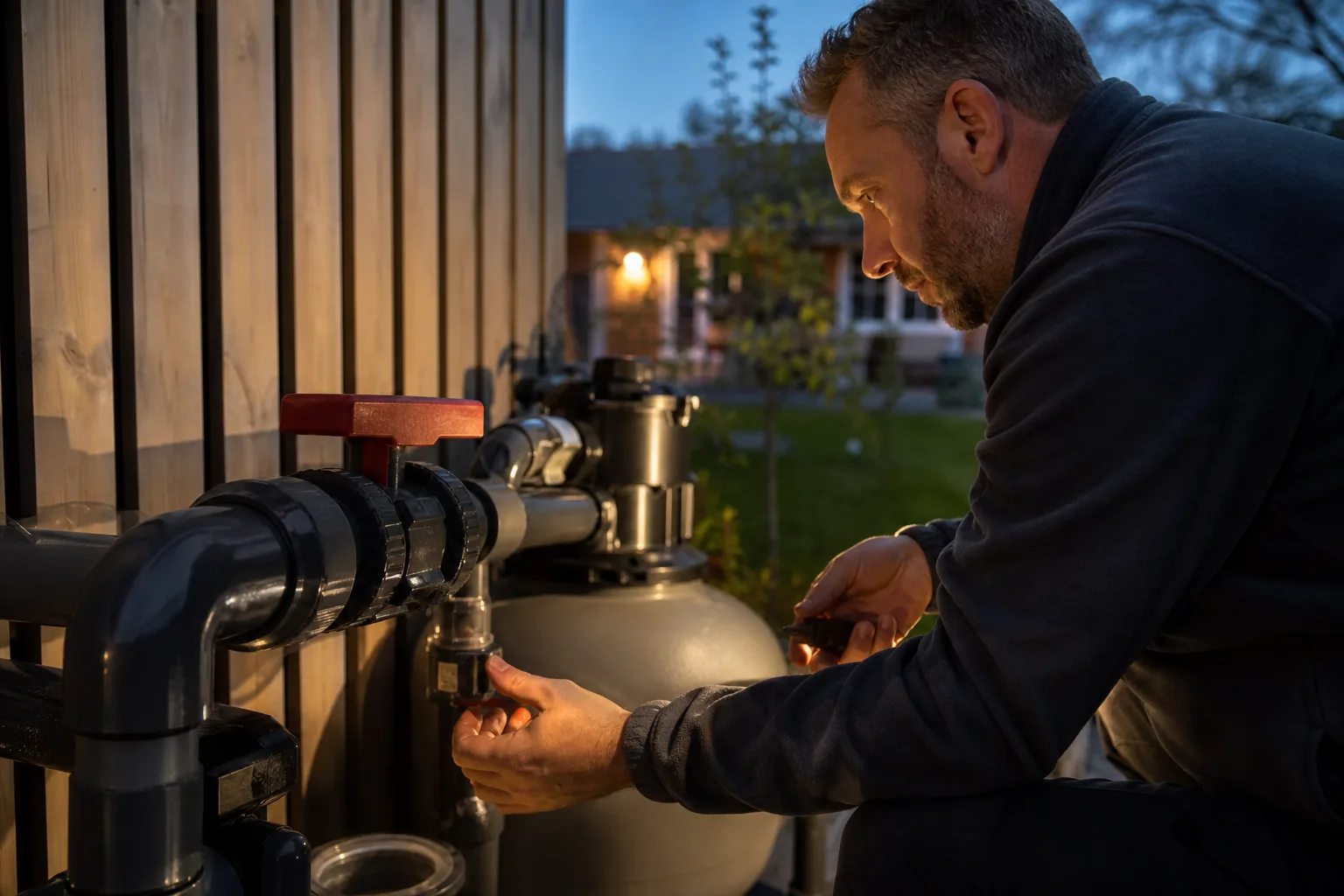 Lågt flöde visat i pump- och skimmerled med indikator för felsökning i trädgårdens teknikdel