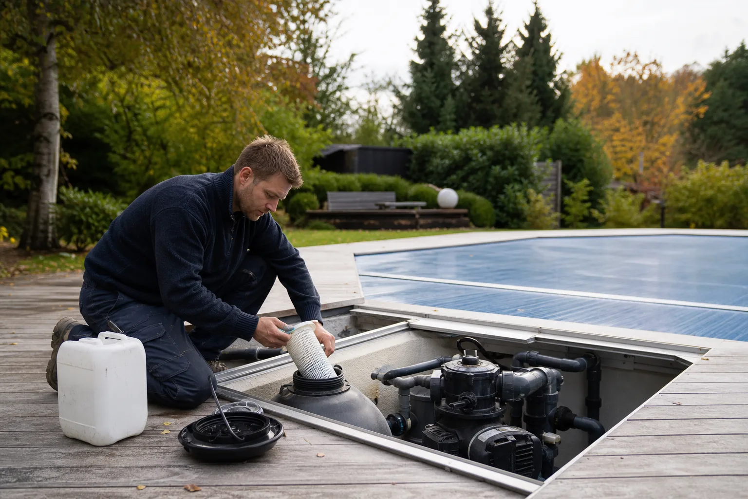 Pooldriftsmiljö med teknikdelar och skydd runt vattnet under hela årscykel