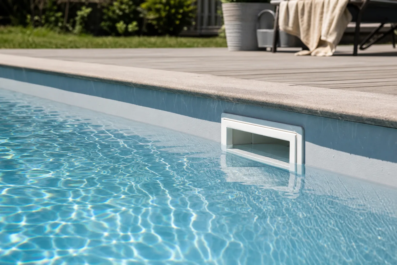 Pool med synligt sänkt vattenstånd och mätsticka i stillsam gård för nivåkontroll