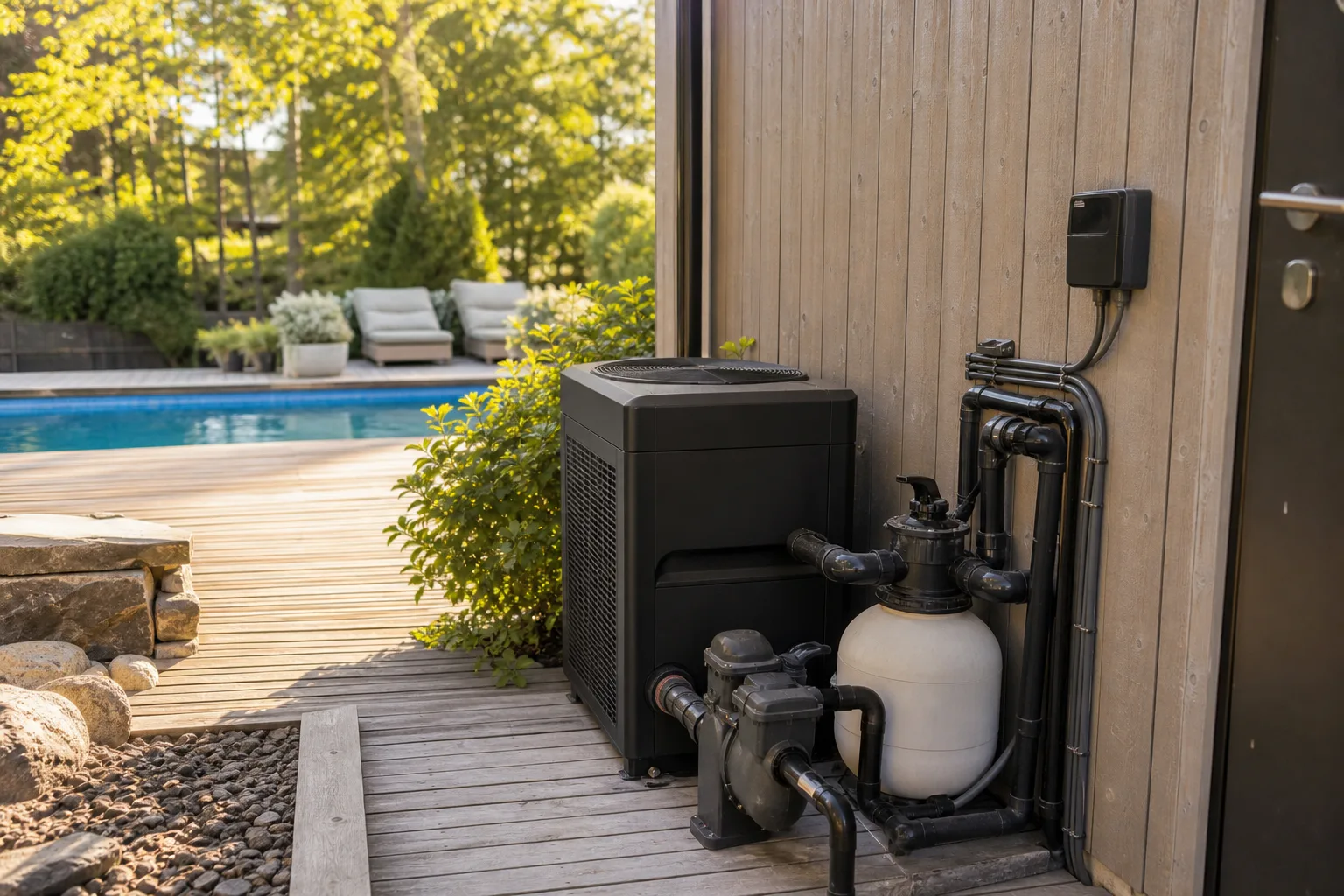 Kalkylpapper med pump, värme och vattenvård i servicezon vid poolens teknikskåp