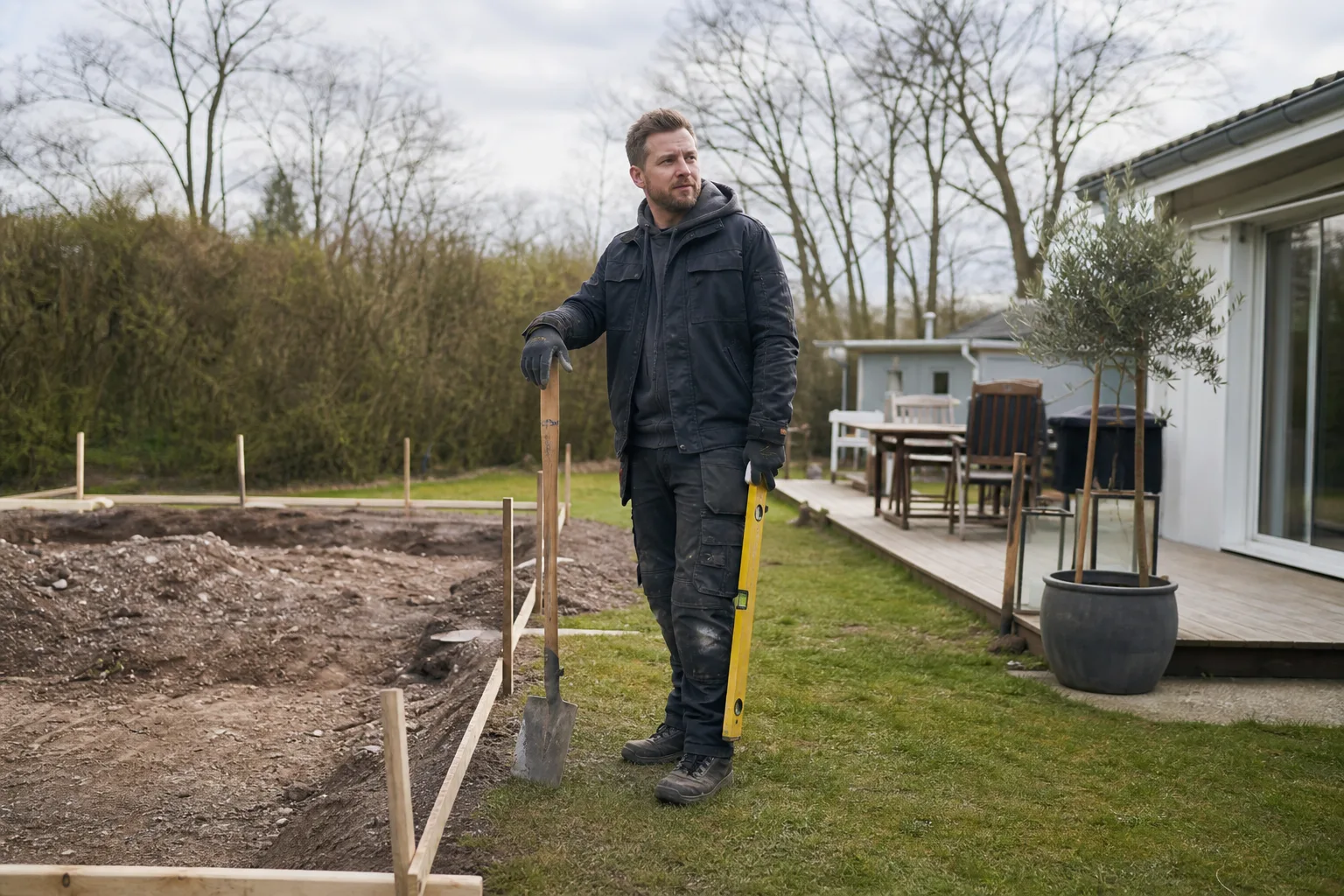 Arbetsyta med ritning och egenhändiga verktyg intill professionellt tomtplan för poolbygge