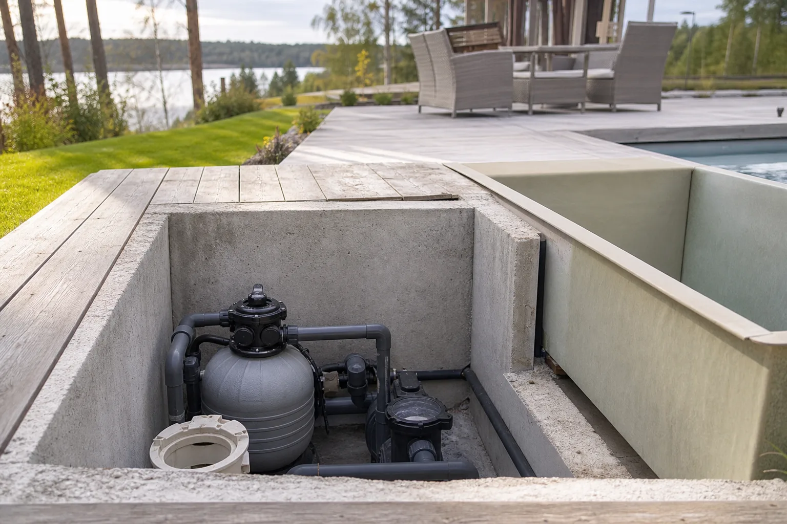 Närbild växlar mellan glasfiberdel och rå betongyta i en arbetszon för poolkonstruktion