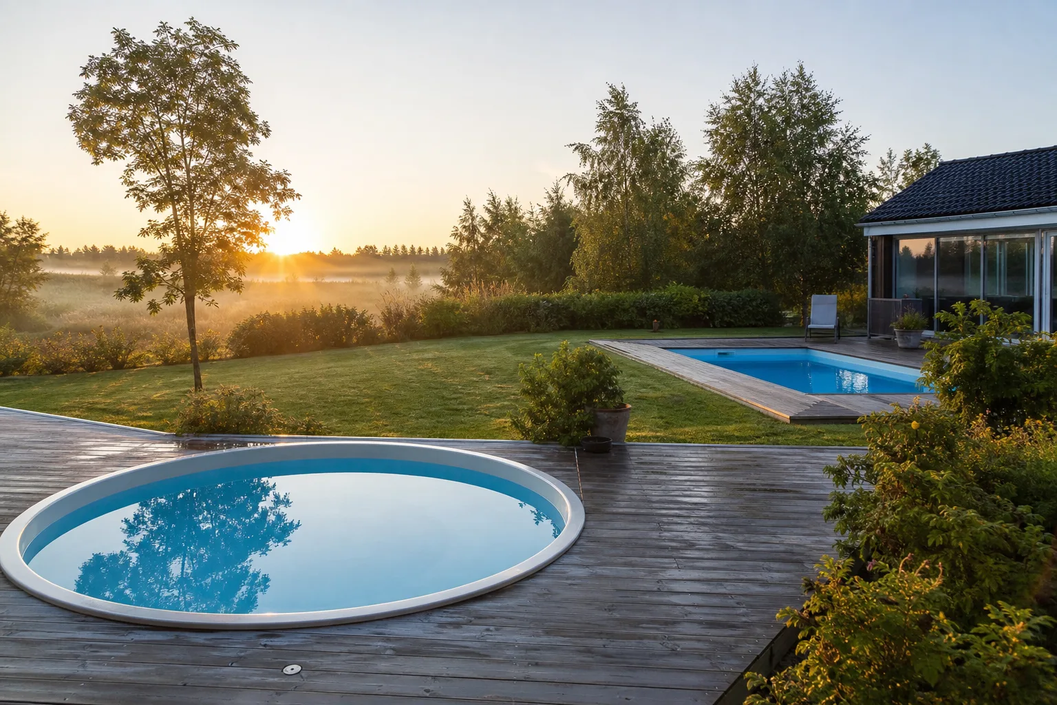 Två olika poolformer i nordisk trädgård med rund och rektangulär geometri mot samma omgivning
