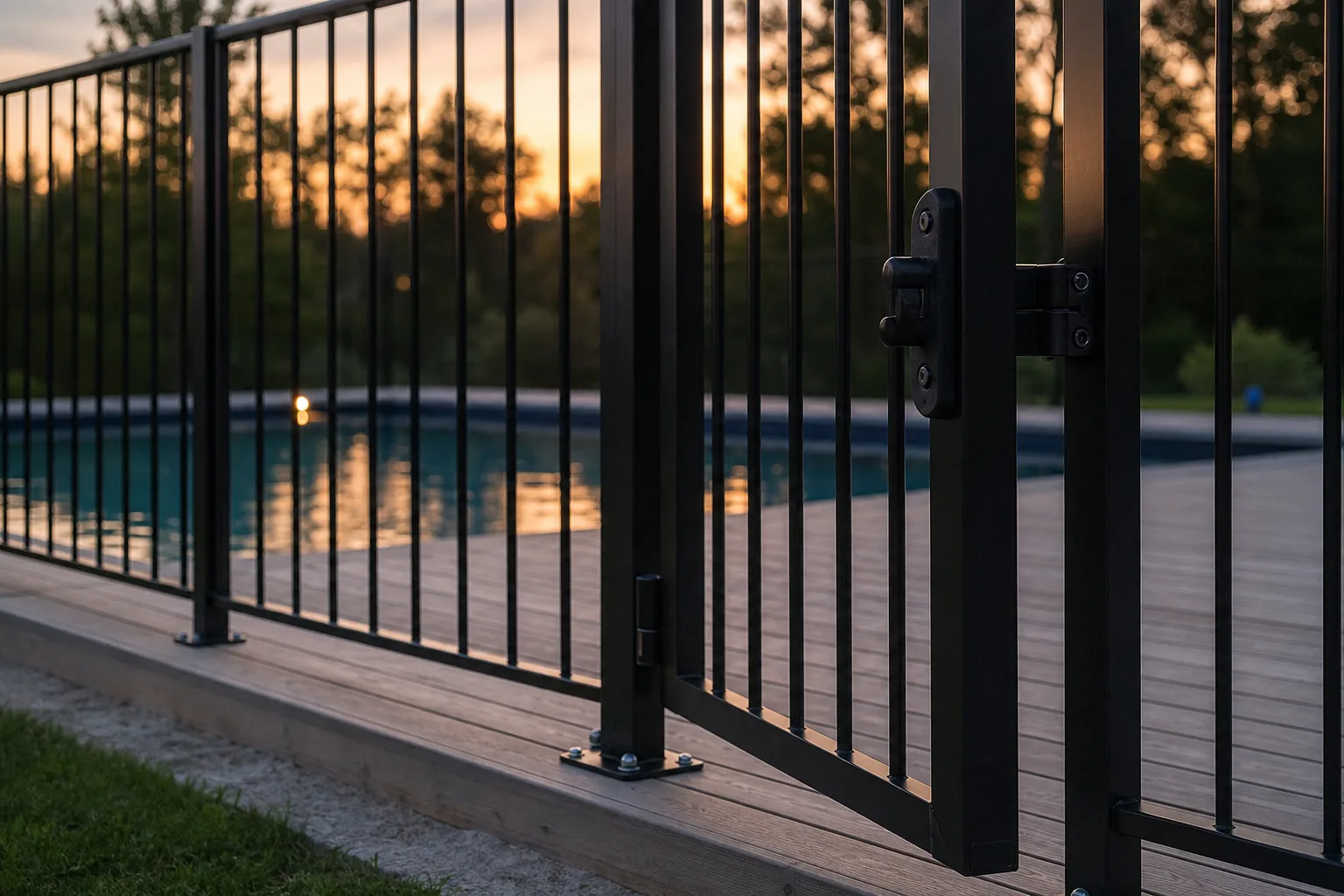 Poolstaket med grind och infästningar som visar robust skydd kring badytan
