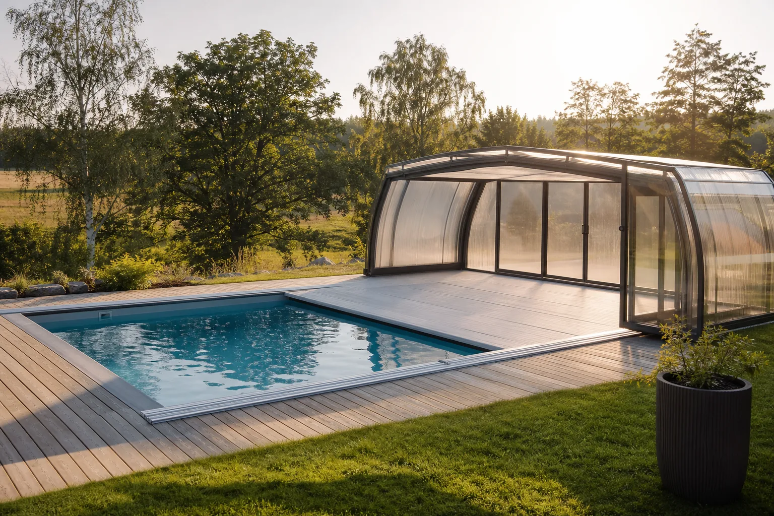 Poolyta med tak på ena delen och lös duk på andra för att jämföra täcktyp