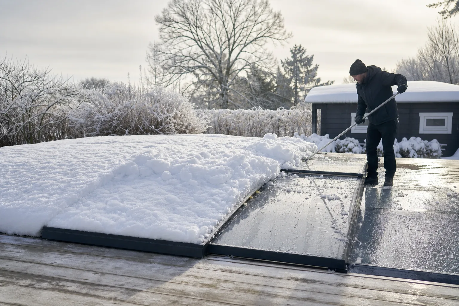 Pooltak med snöbelastning och avvattningsrännor i vinterläge för driftssäker vård