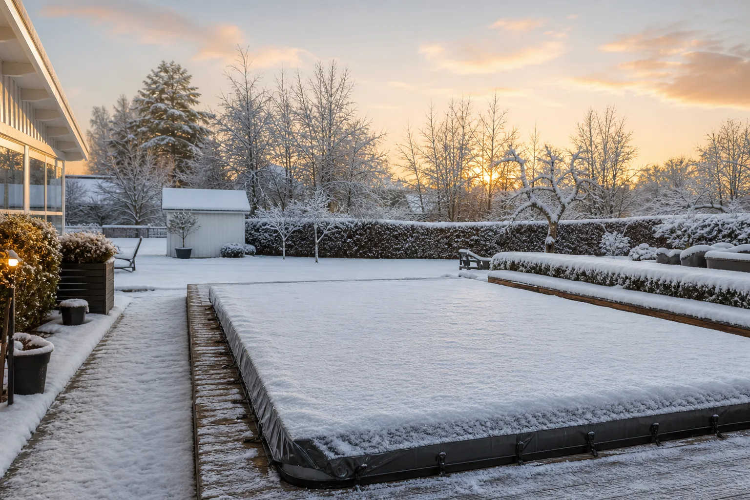 Snötäckt vintertäckning över pool med ordnade fästen och vindskydd i norrlandsmiljö