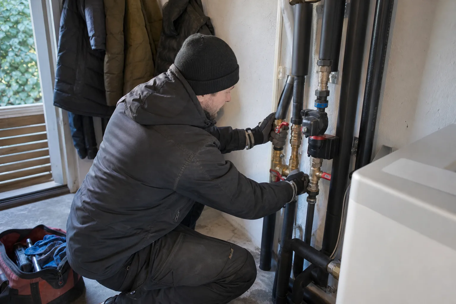 Bypassledning med ventiler kring poolvärmepump, nära teknikzon och tydlig serviceposition