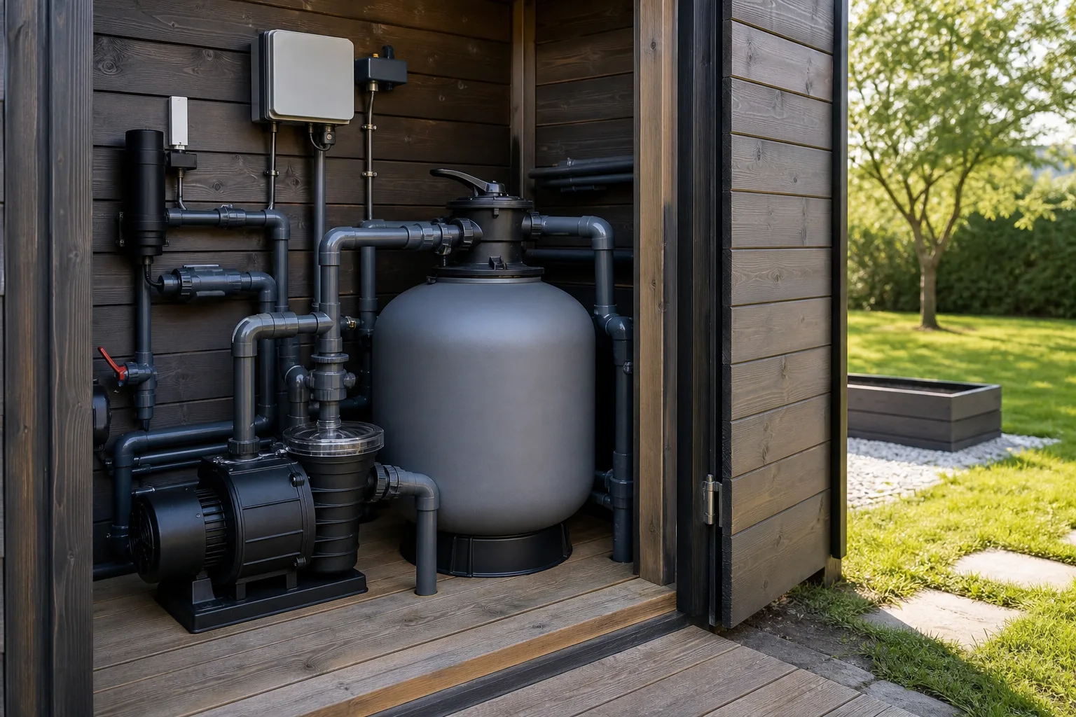 Poolteknisk översikt med pump, filter och rör i serviceutrymme till en villapool