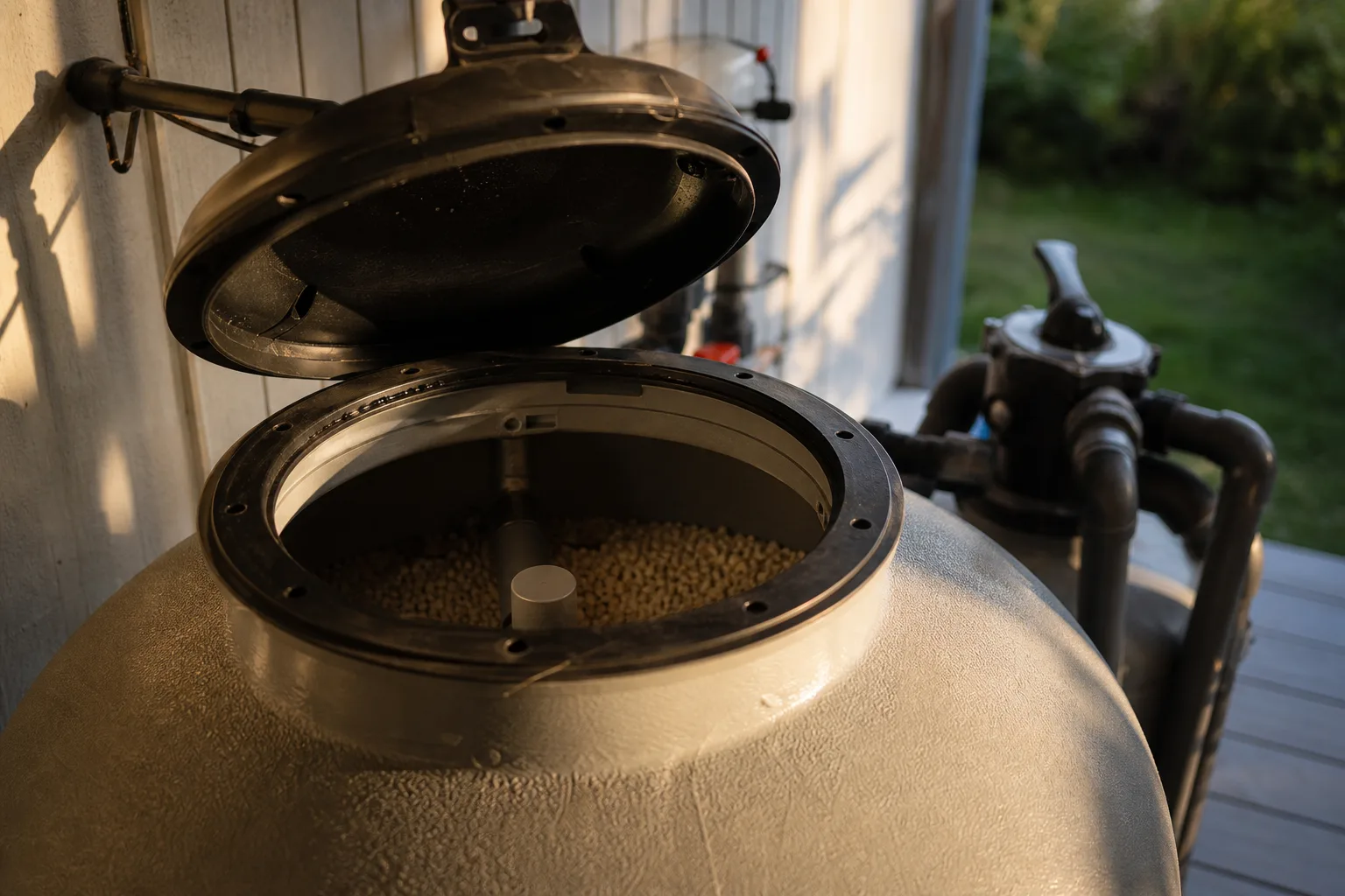 Närbild av sandfilter med synliga lager av media och serviceventil i poolteknikmiljö