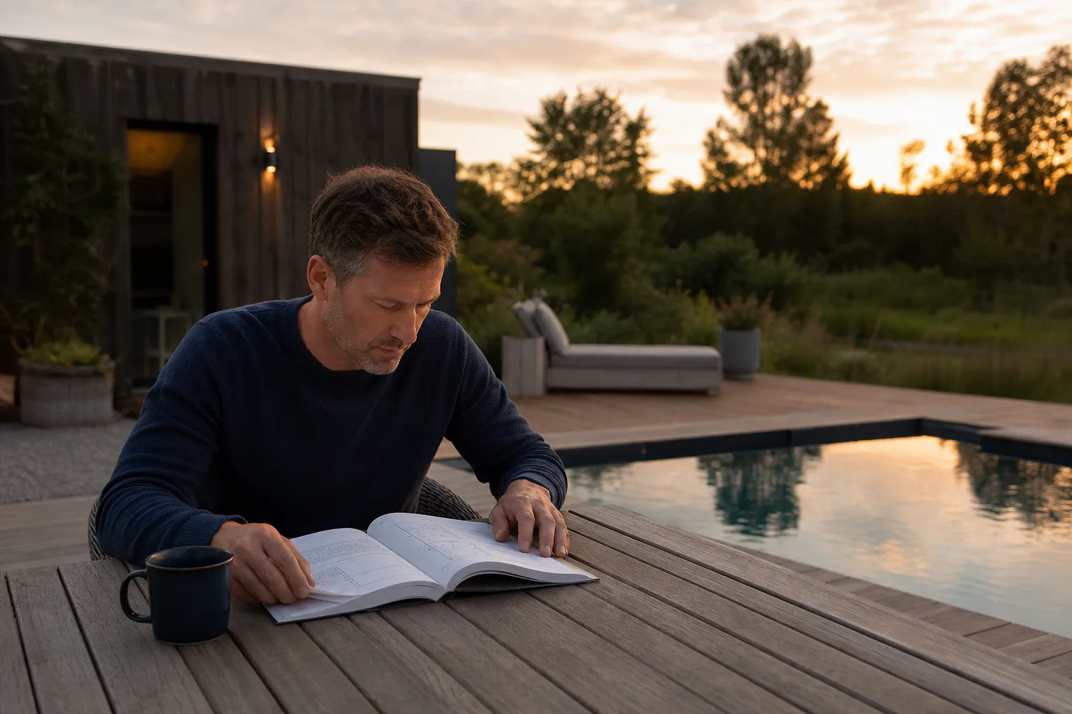 Vuxen räknar volym för värmepump med ritning i teknikhörna och pool i bakgrunden