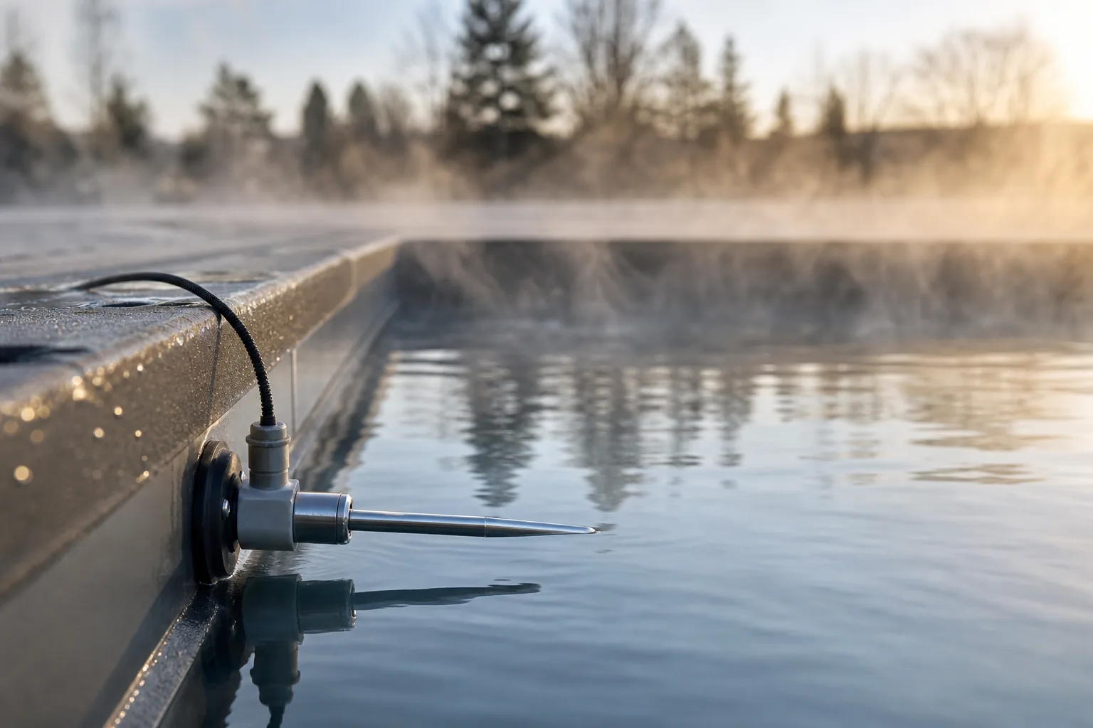 Närbild vid poolkanten med temperaturmätning, mild morgonluft och stilla nordisk trädgård