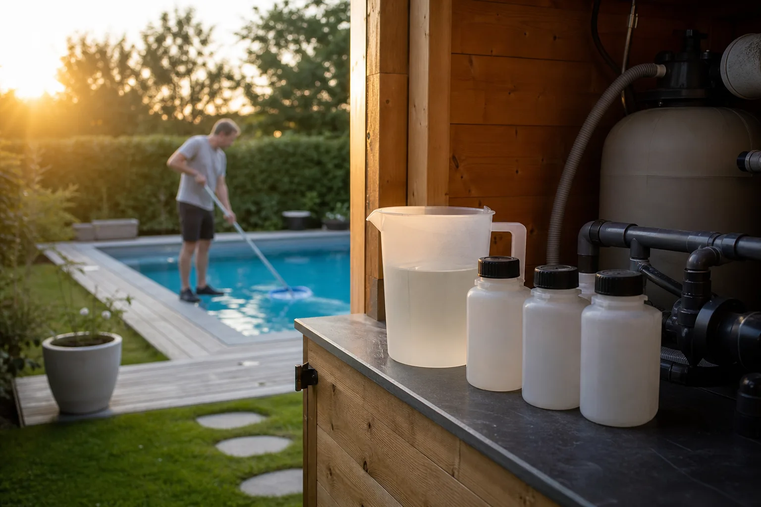 Behållare med flockningsmedel och mätverktyg i ren servicemiljö vid poolen