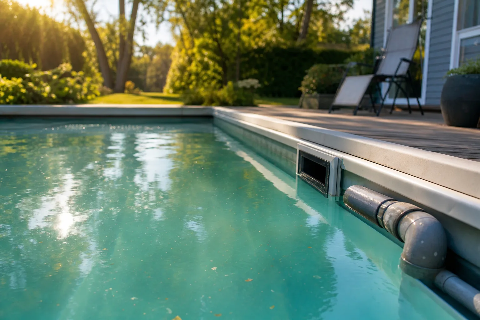 Grumlig poolyta i tidig dag med filterrör och skimmer som väntar på felsökning