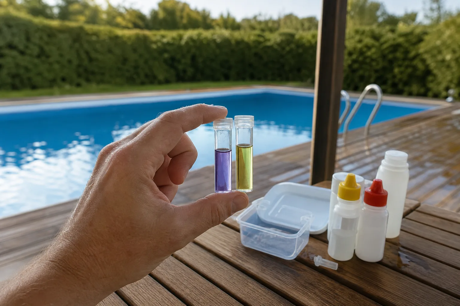 Provglas för klorvärde med tydliga nivåer på ett bord vid poolkanten