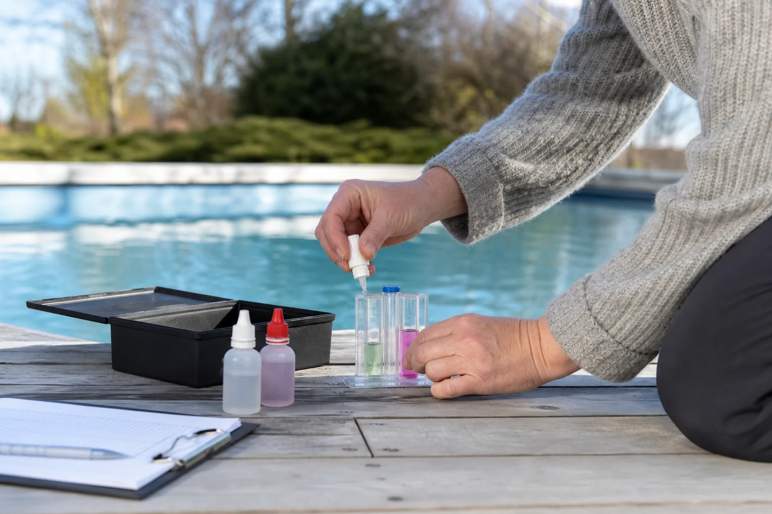Närbild på pH och alkalinitet i testutrustning, vattenytan lugn i nordisk trädgård