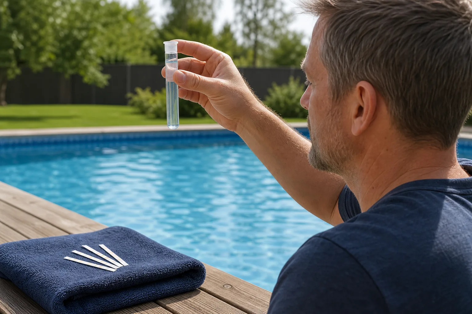 Testremsor och anteckningar vid poolkant för att lära vattenbalans i trygg svensk miljö