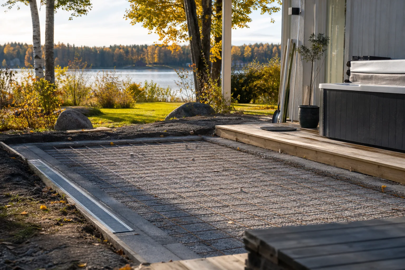 Förstärkt markunderlag med nät och avrinning för spabadets vikt i grusad trädgårdszon