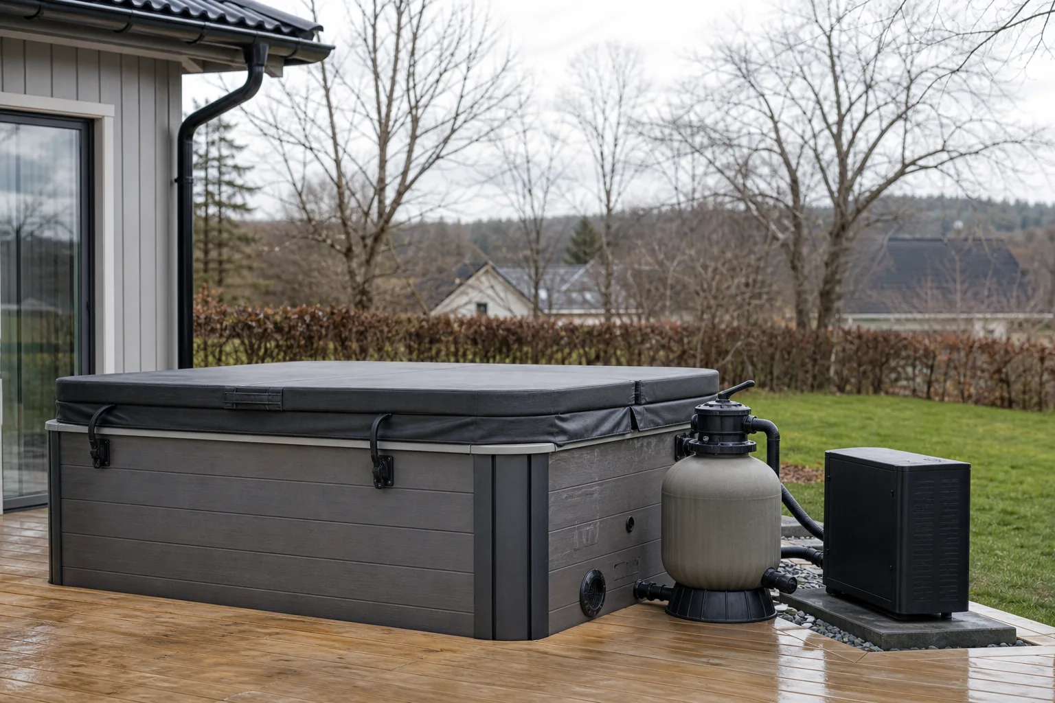 Spabadsdrift med lock, filter och styrpanel i ordnad teknikdel vid poolterrass
