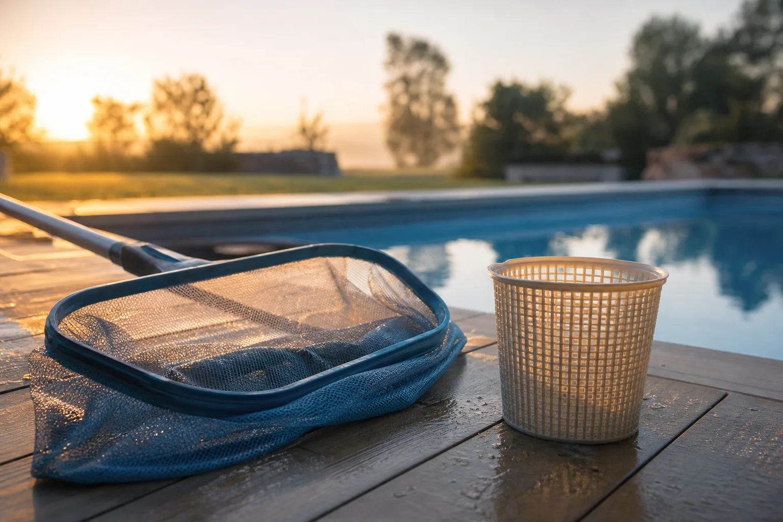 Poolhåv med nät i förgrunden för att fånga skräp nära poolkanten